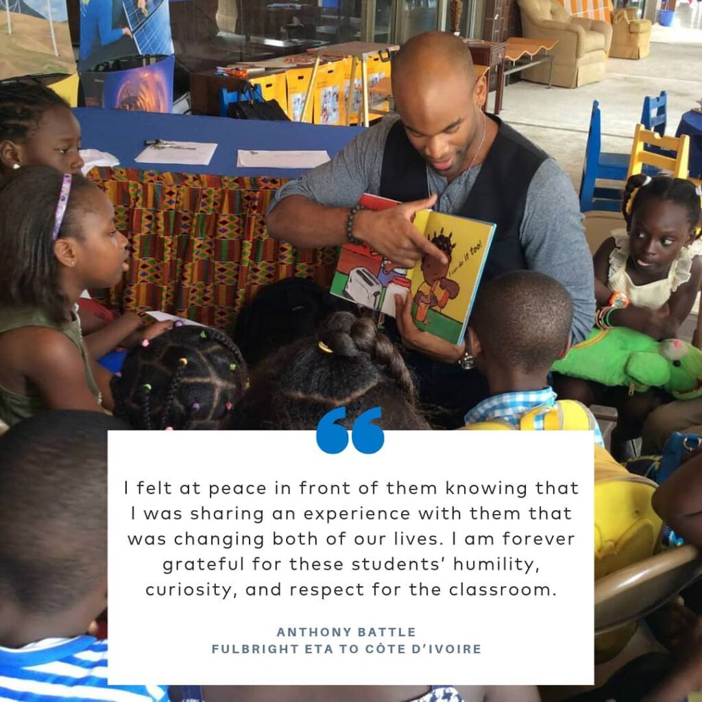 Fulbrighter reading to students in Côte d'Ivoire, via Instagram.
