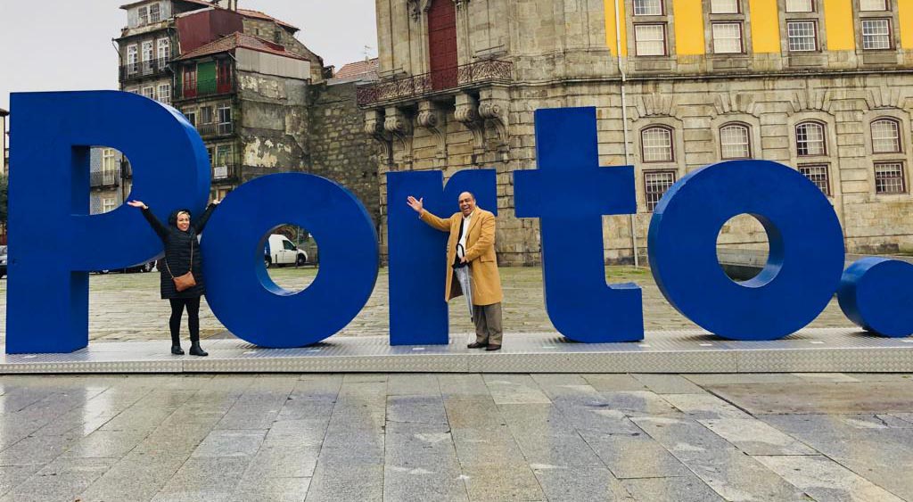 Large "Porto." sculpture in a Portuguese town square.