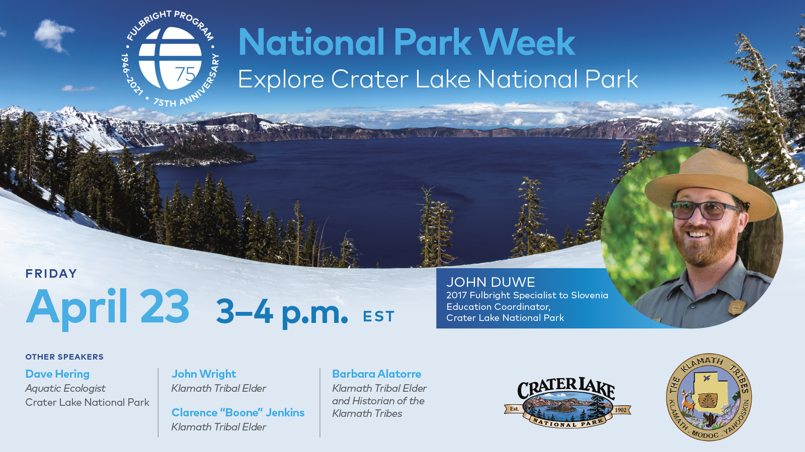 An advertisement for the "Explore Crater Lake National Park" event that takes place on April 23, 2021 from 3:00 pm to 4:00 pm EST.