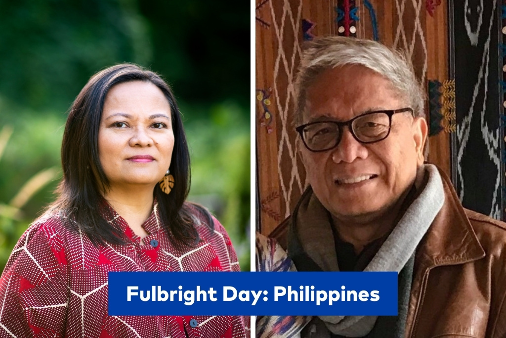 Two photos side-by-side, one of a Filipina woman and the other of a Filipino man. At the bottom, blue box with white text that says Fulbright Day: Philippines