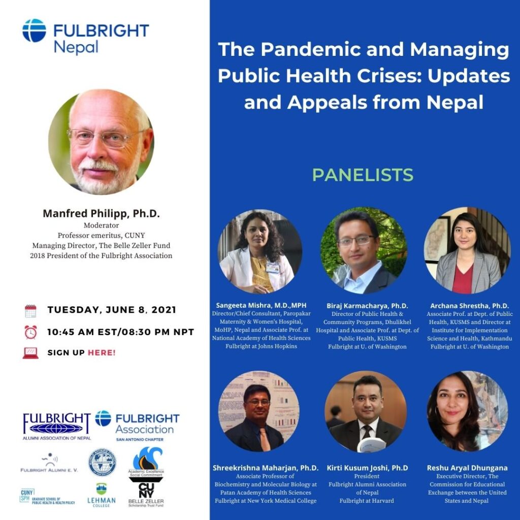 Fulbright Nepal COVID panel promo graphic with panelists