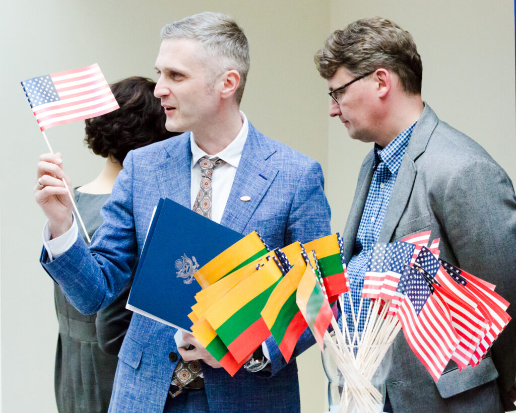 Dr. Aurimas Švedas (Fulbright Scholar 2015-2016 at Stanford University) and Dr. Saulius Grybkauskas (Fulbright Scholar 2012-2013 at Stanford University) celebrate 25th anniversary of the U.S.-Lithuania academic exchanges. Vilnius, Lithuania, 2017. Photo credit: U.S. Embassy in Lithuania.
