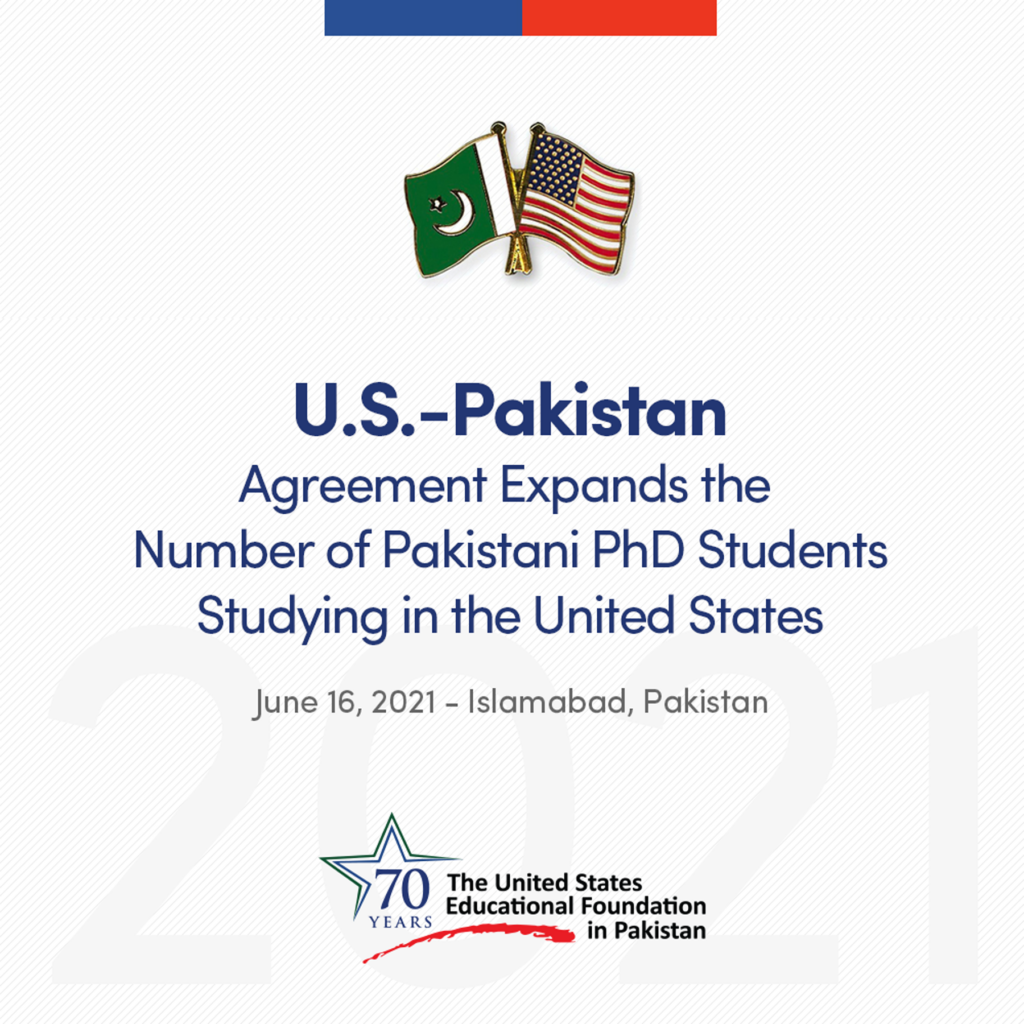 Grapbic with the Pakistani and U.S. flag and the text: U.S.-Pakistan Agreement Expands the Number of Pakistani PhD Students Studying in the United States