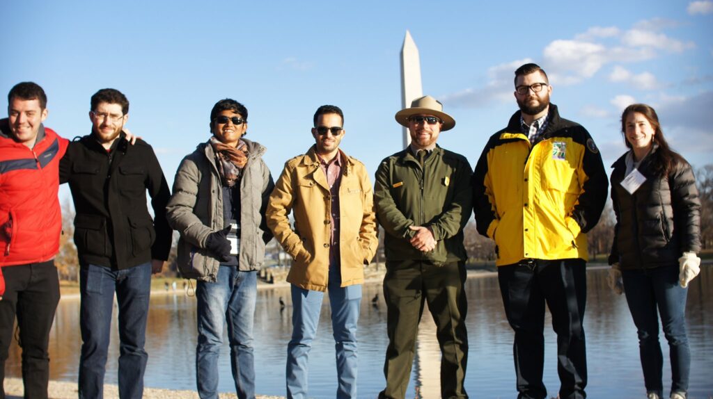 Fulbright Foreign Students learn about the National Mall in Washington, D.C. from a Park Ranger.