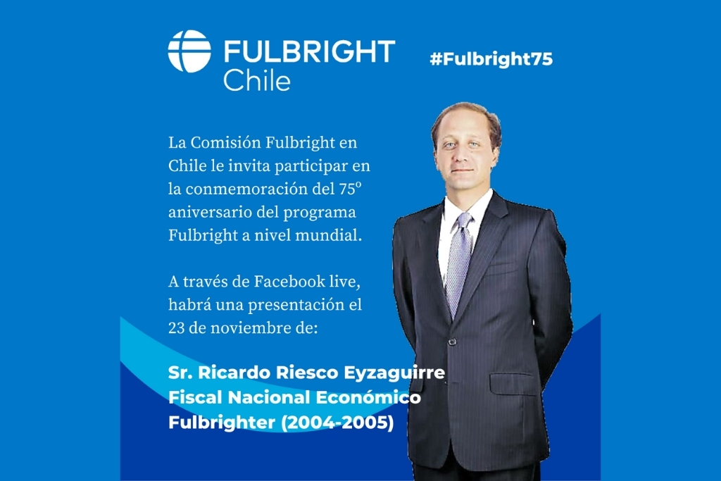 Fulbright Chile promotional graphic with photograph of featured alum (man in suit)