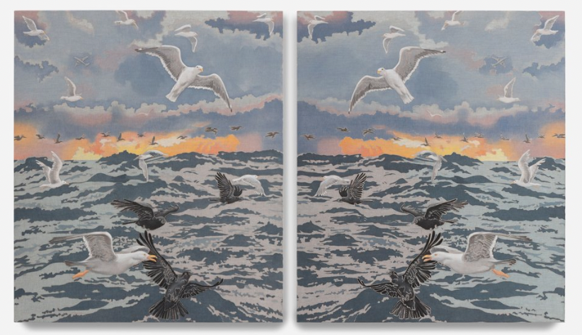 Diptych painting of seagulls and other birds atop the ocean