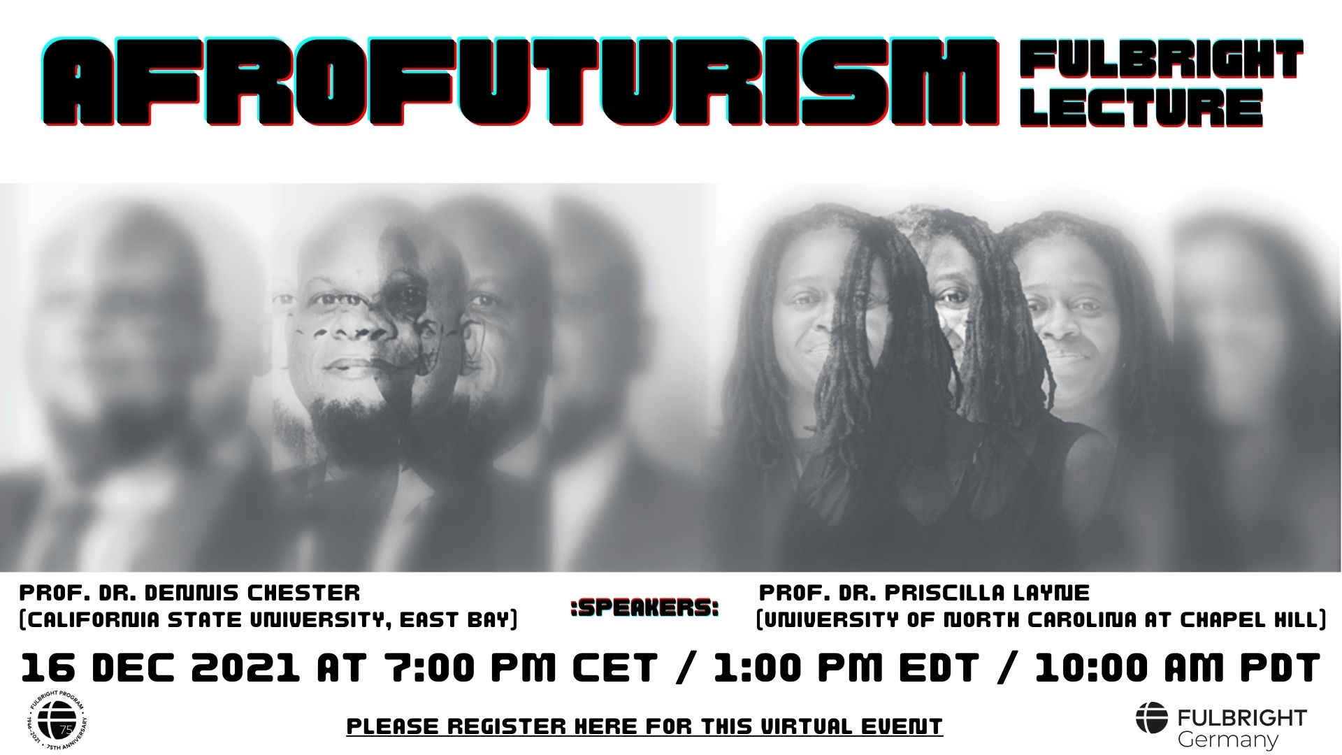 Black and white artistic rendering of speakers photos with black futuristic text at the top that reads "Afrofuturism." Promotional graphic for event.